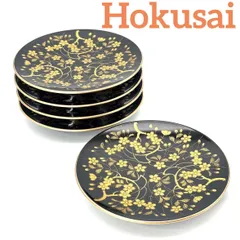 【山中漆器】北斎 金彩蒔絵 銘々皿揃 黒元禄（漆）山中塗［素材］ 木粉とフェノール樹脂（木粉56％）うるし塗装 黒漆に金彩満開桜 ◎化粧箱から取り出して発送いたします。
