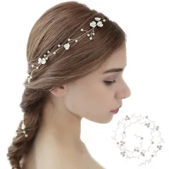 Famihot ヘッドドレス 花嫁 髪飾り パール 花リーフ ウェディング カチューシャ 手作り 花かんむり 2枚固定ヘアピン付き 結婚式/披露宴/発表会/卒業式/成人式/入学式/パーティーダンスにも 和装用 ヘアアクセサリー 102*2cm 浴衣 着物 髪飾