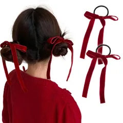 Sheepyo ベロア リボン ヘアゴム 2個セット 赤 ヘアアクセ ベルベット シュシュ ヘアアクセサリー 髪飾り リボン 結婚式 おしゃれ 髪ゴム 大人 成人式 ブラック (ワインレッド 2枚セット)