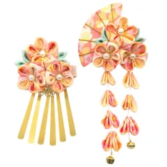[JZOON] 髪飾り 七五三 髪飾り 2点セット つまみ細工 【9色展開】 成人式 浴衣 袴 着物 振袖 和装 花 卒業式 結婚式 鈴付き 子供 手作り 黄色とピンク H4607