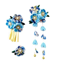 髪飾り 和風 3点セット 成人式髪飾り 和装 浴衣 子供 七五三 レディース つまみ細工 お花 結婚式 卒業式 お正月 振袖 着物 鈴付き (青)