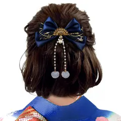 [OTAKUMARKET] 髪飾り リボン 袴 卒業式 着物 和装 浴衣 振袖 七五三 成人式 髪 飾り りぼん 和風 つまみ細工 女の子 和装小物 1枚 (ネイビー)