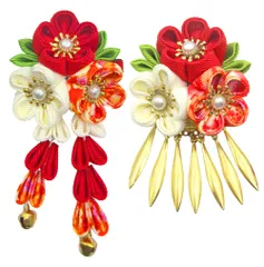 【JZOON】髪飾り ヘアアクセサリー つまみ細工 お花 鈴 金属タレ飾り パール クリップ仕様 七五三 卒園式 入学式 卒業式 成人式 結婚式 着物 浴衣 袴 振袖 洋服 和風 かわいい 伝統的 立体感 おしゃれ 赤 H2220