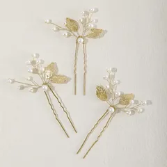 Haodeliy 髪飾り ヘッドドレス 木の葉モチーフ パールUピン 3点セット 花嫁 ヘアアクセサリー 手作り ウェディング 結婚式 披露宴 二次会 発表会 卒業式 入学式 パーティー 和装用髪飾り ヘアアクセサリー 和風 ゴールド
