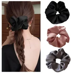 シュシュ 大きめ おしゃれ 大人 ボリューム ヘアゴムサテン 無地 光沢 シンプル 髪飾り レディース エレガント ヘアアクセサリー 髪に優しい 3点セット【RAINY LEMON】 (ブラック +ピンク＋ グレー)