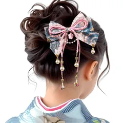 [OTAKUMARKET] 髪飾り リボン 袴 卒業式 着物 和装 浴衣 振袖 七五三 成人式 髪 飾り りぼん 和風 鈴付き つまみ細工 女の子 ヘアアクセサリー 1枚 (ブルー ピンク)