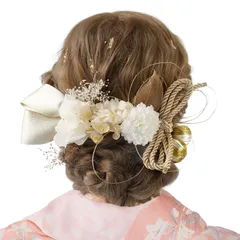 Bud Flower バドフラワー 髪飾り 成人式 卒業式 ドライフラワー 水引 金箔 和装 振袖 袴 ヘッドドレス 結婚式 七五三 アクセサリー hair-4B (ホワイト)