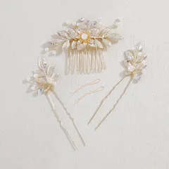 Famihot 髪飾り 木の葉 花モチーフ ヘアアクセサリー パール コーム Uピン 5点セット 花嫁 かんざし クリスタル ヘッドドレス 手作り ウェディングヘッドドレス 結婚式 披露宴 二次会 発表会 卒業式 成人式 入学式 パーティー 和装用髪飾り ヘア