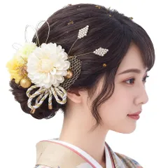 ［R-QINYUER］髪飾り 卒業式 成人式 ドライフラワー 水引 金箔 マム 和玉 アンティ一クベリ一 かすみ草 飾り 花火 浴衣 着物 振袖 袴 ヘッドドレス 前撮リ 結婚式 七五三 ヘアアクセサリー 入学式 豪華 可愛い 和装小物(ホワイト)