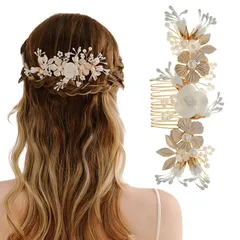 ヘッドドレス 髪飾り ヘアアクセサリー バレッタ ヘアバレッタ 手作り 模造パール フラワー コーム Uピン ヘアピン ヘア飾り 花嫁 結婚式 ウェディング 成人式 披露宴 パーティー 卒業式 入学式 和装 結婚式贈り物として適しています... (白い花と金の