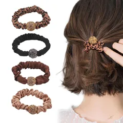Doyime ヘアゴム 4本セット ブラック、レオパード、ダークカレー、ライトカレー 可愛いリボンゴム ヘアシュシュ リングゴム ヘアアクセサリー髪留めゴム髪飾り レディース髪に優しいヘアアレンジおしゃれかわいいシンプル高弾性エレガント静電気防止仕事用