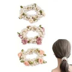 BLOOPIC ヘアゴム【3本セット】バラ パール 髪ゴム 髪飾り リングゴム おしゃれ ヘアアクセサリー ファッション オフィス 通勤 小物 っぽい トレンド おしゃれ かわいい ダメージレス 髪型アレンジ プレゼントにも最適