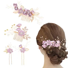 Anfiodas 髪飾り ヘアアクセサリー 4点セット 和装 結婚式 パール 着物 ラワー コーム Uピン ヘアピン ヘア飾り ヘアコーム 成人式 披露宴 パーティー 入学式 卒業式 和装 ホワイト (紫)