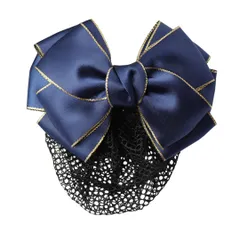 シニヨンネット バレッタ ネット付き お団子ネットリボン 大きめヘアネット 髪ネットリボン レディースヘアアクセサリー 髪留め (ネイビー, サテン)