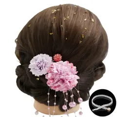 成人式 髪飾り ドライフラワー 帯締め パ一ル 【5点セット】あじさい かすみ草 造花飾り 飾り紐 ゴールド 水引 ヘッドパーツ 振袖 着物 卒業式 七五三 浴衣 袴 結婚式用 手作り 専用ケース付き