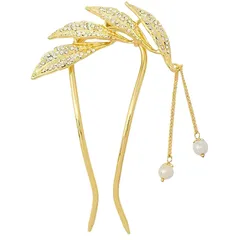 [ミャオミャオ] かんざし 髪飾り 和装 浴衣 u字型 留袖 着物 ヘアアクセサリー パール 金属 アンティーク リーフ Miaomyao (ゴールド)