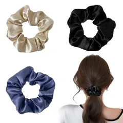 サムコス シュシュ ヘアゴム 3個入り サテン 髪留め ヘアタイ 髪ゴム 光沢 無地 ヘアアクセサリー 髪飾り ボリューム おしゃれ かわいい レーディス 大人 プレゼント (ブラック+シャンパン+ネイビー)