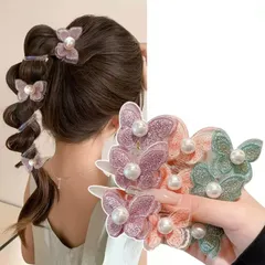 スパイラルヘアゴム 蝶【3個セット】ポニーテール ホルダー もつれなし 女性高級ヘアロープ 可愛い パール 電話コード型ヘアゴム アレンジ自在 紐 髪留め 髪飾り 通勤 通学 入学式 結婚式 卒業式 デート レディース