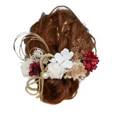 [Ｂｒｉａ]成人式 卒業式 結婚式 七五三 ドライフラワー プリザーブドフラワー髪飾り 金箔付き ロープ (レッド)