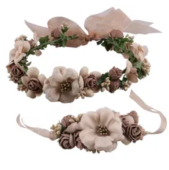 花冠 花かんむり 華やか 髪飾り 腕飾り 2点セット パーティー 結婚式 写真撮影 ウェディング ダンス 衣装 ライブ 発表会 ハロウィン (ブラウン)