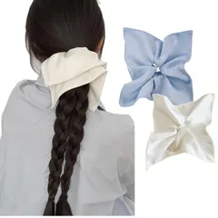 Langzu シュシュ ヘアゴム シュシュおしゃれ 大人 髪飾り 大きめ サテンシュシュ 無地 シンプル 髪飾り レディース エレガント ヘアアクセサリー 2点セットレトロなスクエアデザイン (ホワイト+ブルー)