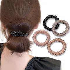 ヘアゴム【4本セット】髪ゴム 髪飾り 髪留め おしゃれ ヘアアクセサリー レディース 黒 ヘアロープ 太め パール ビーズ 韓国 通勤 大人 子供 シンプル 小物 かわいい ギフト (4本セットクリスタル付きヘアゴム)