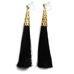 樹脂製 揺れる ロング 黒 タッセル イヤリング 大ぶり ピアス風 ブラック フリンジ ノンホールピアス 人気 シンプル イヤリング レディース アクセサリー ミヤビグレース ゴールド 【 イアリング 】(ブラック)