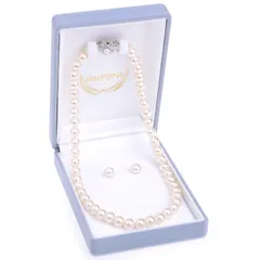 [アウローラ] 8mm本貝パールネックレス 日本製 イヤリング ピアス 化粧箱 ３点セット (16インチ, キスカ・ピアス)