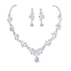 [misakinoya] ウエディング ネックレス イヤリング セット フラワー ブライダル アクセサリー 花嫁 ネックレス キラキラ ジルコニア クリスタル 誕生日 クリスマス プレゼント (イヤリング+ネックレス)