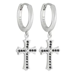 Rockyu クロス ピアス 十字架 フープピアス ブラックイヤリング シルバー925 両耳 15mm直径 14K金メッキ 純銀 メンズ レディース 揺れる ドロップイヤリング CZダイヤ ヒップホップ アクセサリー (シルバー黒石)