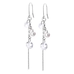 LOKUMI ピアス 金属アレルギー対応 日本製 キュービックジルコニア ビジュー パール チェーン フック フックピアス レディース シンプル ロング 揺れる 人気 オフィス ギフト プレゼント ニッケルフリー cu-7 (シルバー)