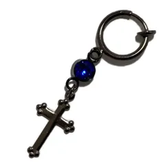 Akusetia ノンホールピアス イヤリング 黒 メタルブラック メンズ レディース ユニセックス シンプル バネ式リングピアス 片耳 十字架 クリスタル ブルー 青