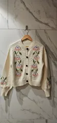 アイボリー 花 刺繍 ニット カーディガン