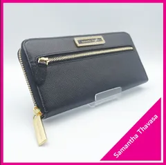 ✱Samantha Thavasa（サマンサタバサ）✱ 長財布 ラウンドファスナー ブラック サフィアーノ レザー ビジュー ロゴプレート 前面ポケット 大容量 美品