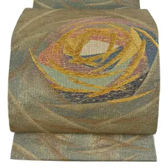 【美品】 袋帯 名品 花 金糸 箔 鶯色 六通 正絹 【中古】