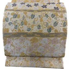 【美品】 袋帯 名品 花唐草 段縞 金糸 唐織 ベージュ 全通 正絹 【中古】