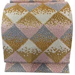 袋帯 名品 斜め格子 幾何学模様 金糸 唐織 ベージュ 六通 正絹 【中古】