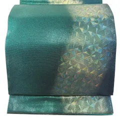 【美品】 袋帯 名品 関西仕立て 幾何学模様 箔 青緑 六通 正絹 【中古】