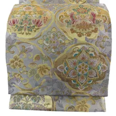 【美品】 袋帯 名品 華文 向かい鳥 金糸 箔 灰色 六通 正絹 【中古】