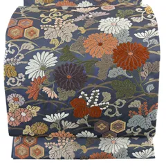 袋帯 名品 菊 亀甲 金糸 唐織 青灰色 六通 正絹 【中古】