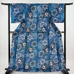 【美品】 浴衣 身丈164cm 裄丈63cm S 絞り浴衣 草花 青緑 綿 名品 【中古】