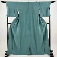 色無地 身丈167cm 裄丈68cm L 袷 室華風 落款 地紋 青緑 正絹 秀品 一つ紋 【中古】