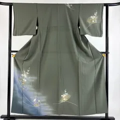 付下げ 身丈157cm 裄丈60.5cm S 単衣 草花 霞 金彩 ぼかし 茶緑色 正絹 秀品 【中古】
