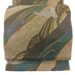 【美品】 袋帯 秀品 鶴 糸巻き 箔 金糸 ベージュ 六通 正絹 【中古】