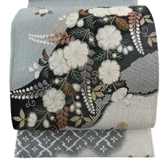 袋帯 秀品 辻が花柄 七宝 金銀糸 青灰色 お太鼓柄 正絹 【中古】