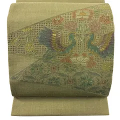 【美品】 袋帯 秀品 紬地 向かい鳥 草花 刺繍 抹茶色 お太鼓柄 正絹 【中古】
