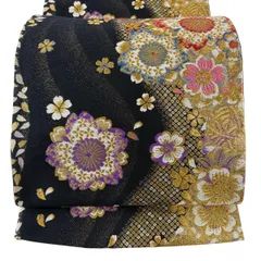 袋帯 秀品 振袖向き 桜 桜の花びら 金糸 箔 黒 六通 正絹 【中古】