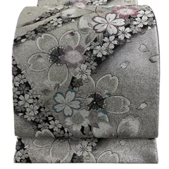 【美品】 袋帯 秀品 振袖向き 桜 花びら 銀糸 箔 銀色 六通 正絹 【中古】