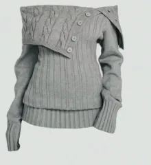 オフショルダー ボタン ニット カーディガン グレー