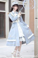 밀리터리 4점 셋업 케이프 원피스 클래식 플레어 드레스 프릴 리본 금 버튼 A라인 하이 웨스트 코스프레 지뢰계 양산형 하라주쿠계 아픈 귀엽다 달콤한 여성